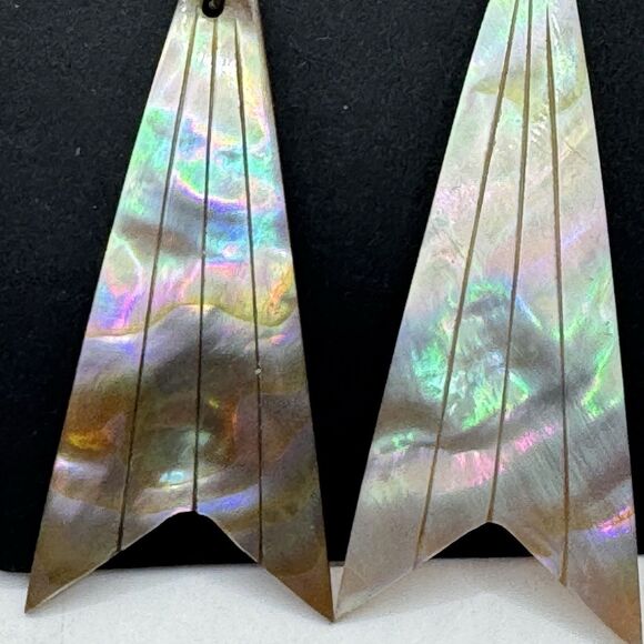 Vtg Geometric Carved abalone Long Dangle Earrings Amethyst Chip Gold Tone Beachy - Picture 10 of 10